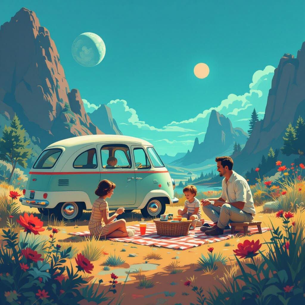 Retro-Futuristic Alien Picnic in Warm Earth Tones