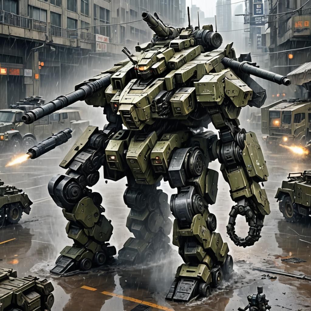 Armored Mech Tank in Raining City