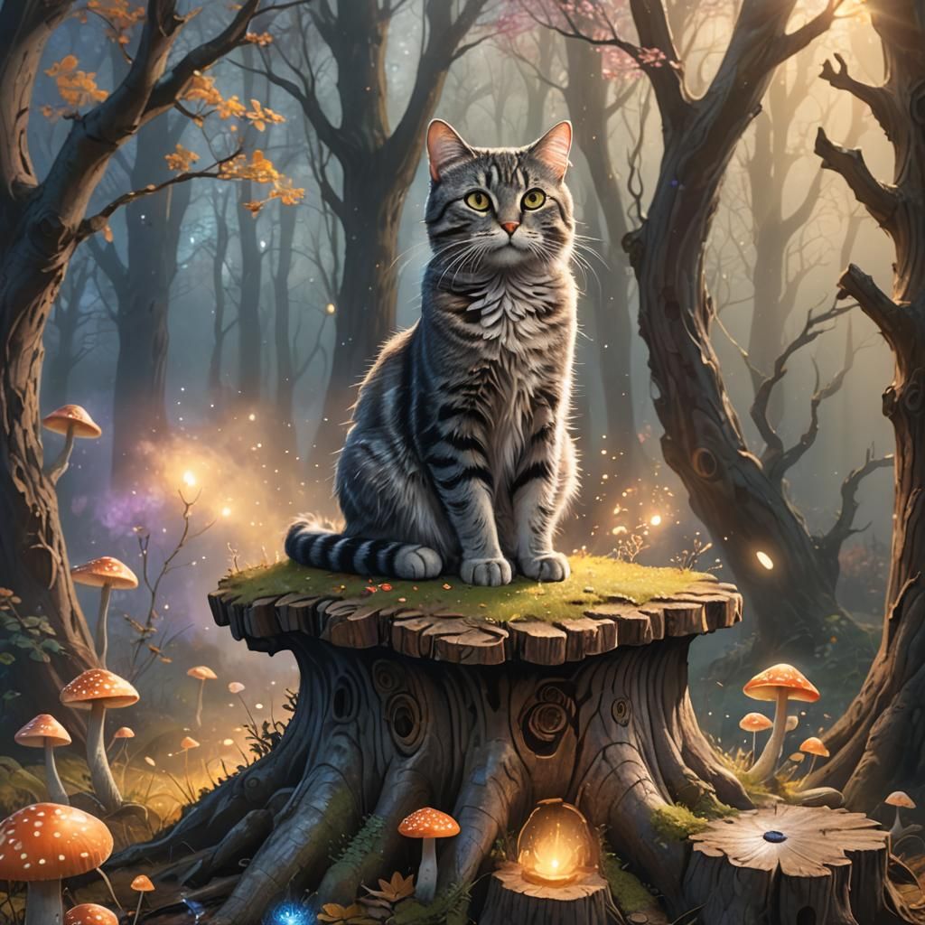 Mystical Tabby Cat on Glowing Tree Stump