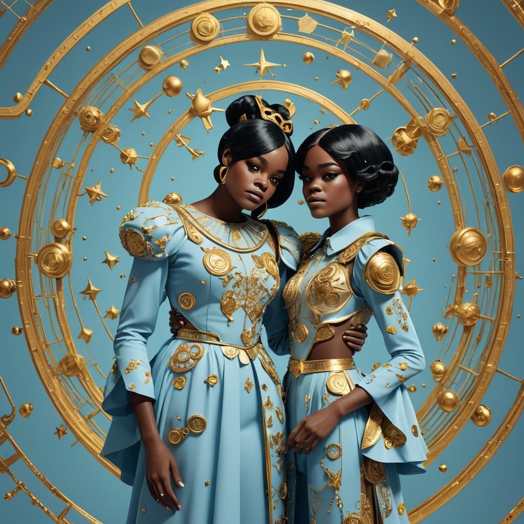 Gemini Zodiac Twins in Flowing Gold and Blue