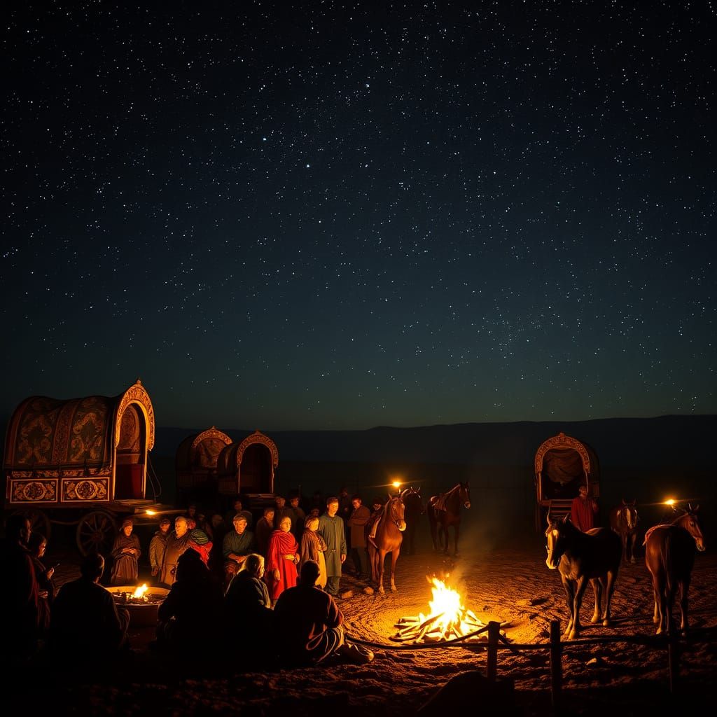 Medieval Nomads Under Starry Skies in Vibrant Wagons