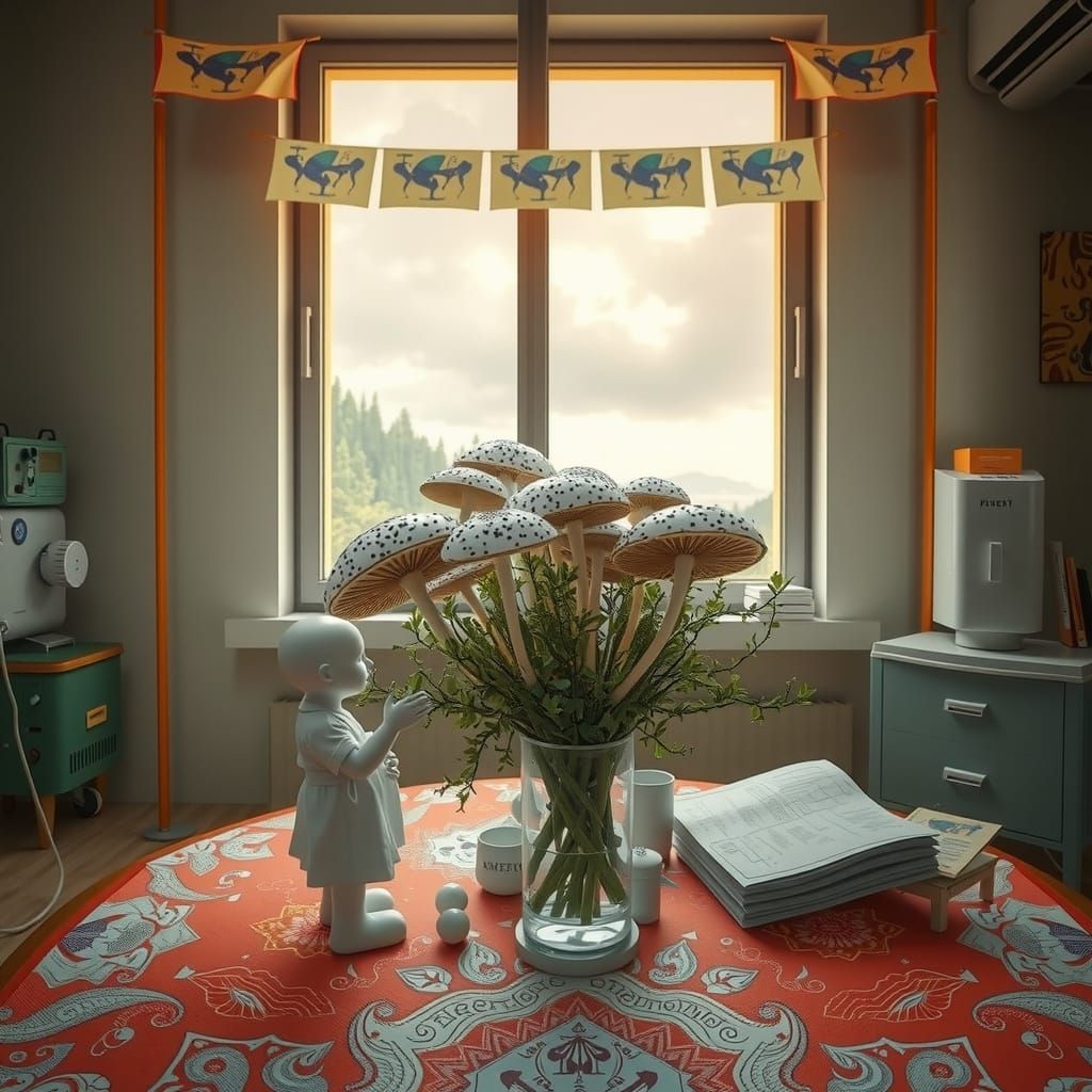 Whimsical Hyperreal Mushroom Convention Scene in Linocut Sty...