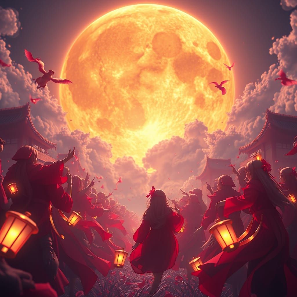 Golden Moonlit Concert in Vibrant Red and Gold