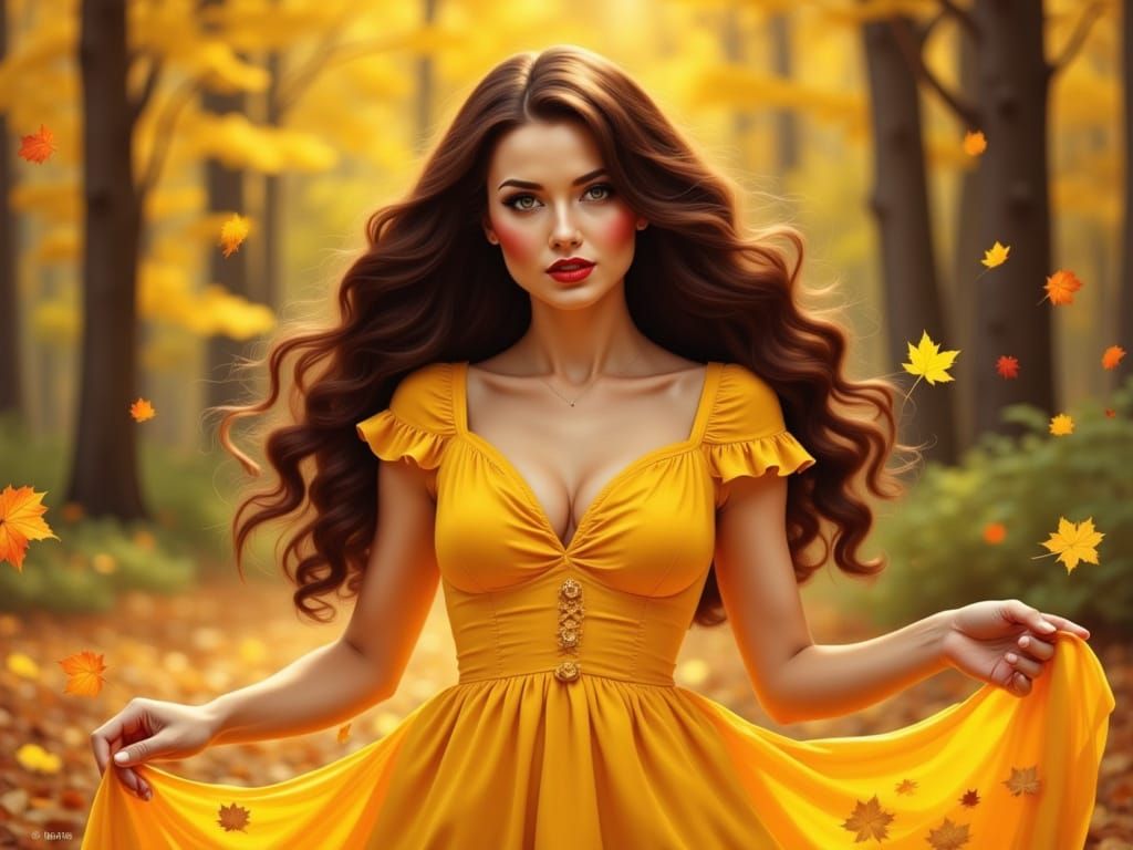 Whimsical Brunette in Yellow Dress Amidst Autumn Leaves
