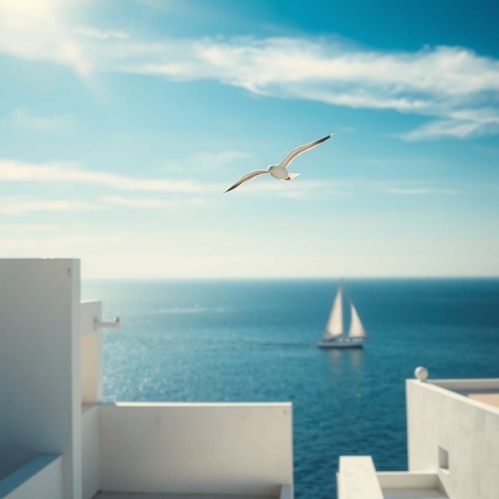 Ethereal Seaside Moment with Seagull and Sailboat in Cinemat...