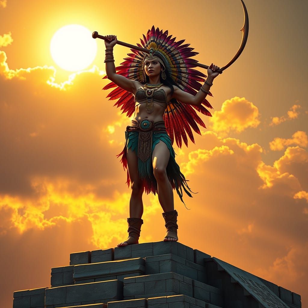 Majestic Aztec Warrior Goddess Amidst Ancient Ruins
