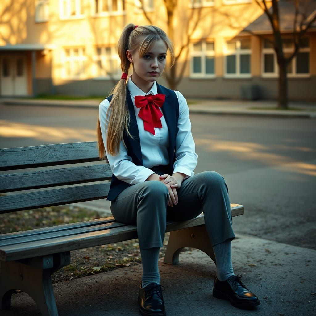 Tomboyish Girl in Vintage Schoolyard Setting