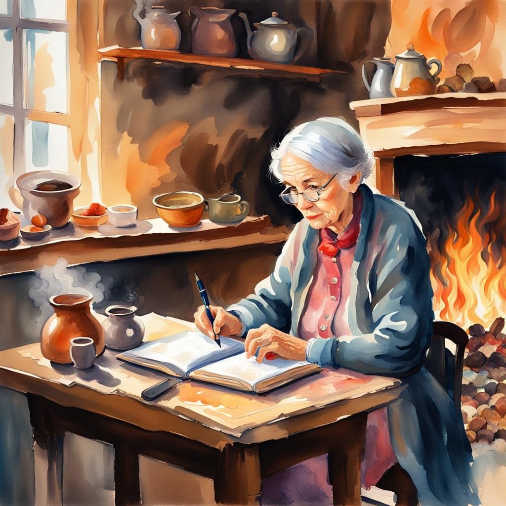 Cozy Kitchen Scene: Old Lady's Watercolor Diary