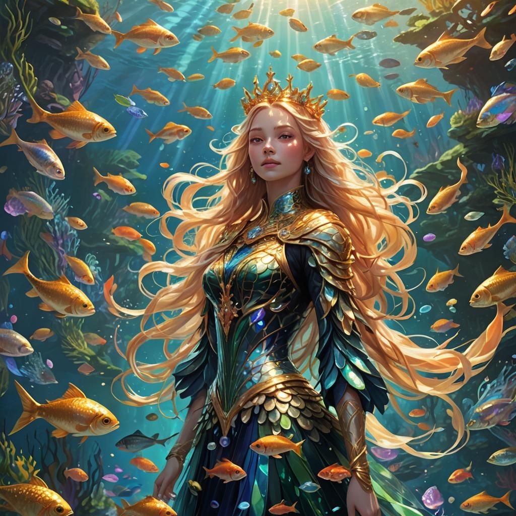 Crowned Woman Floating in Sunlit Ocean: Fantasy Art