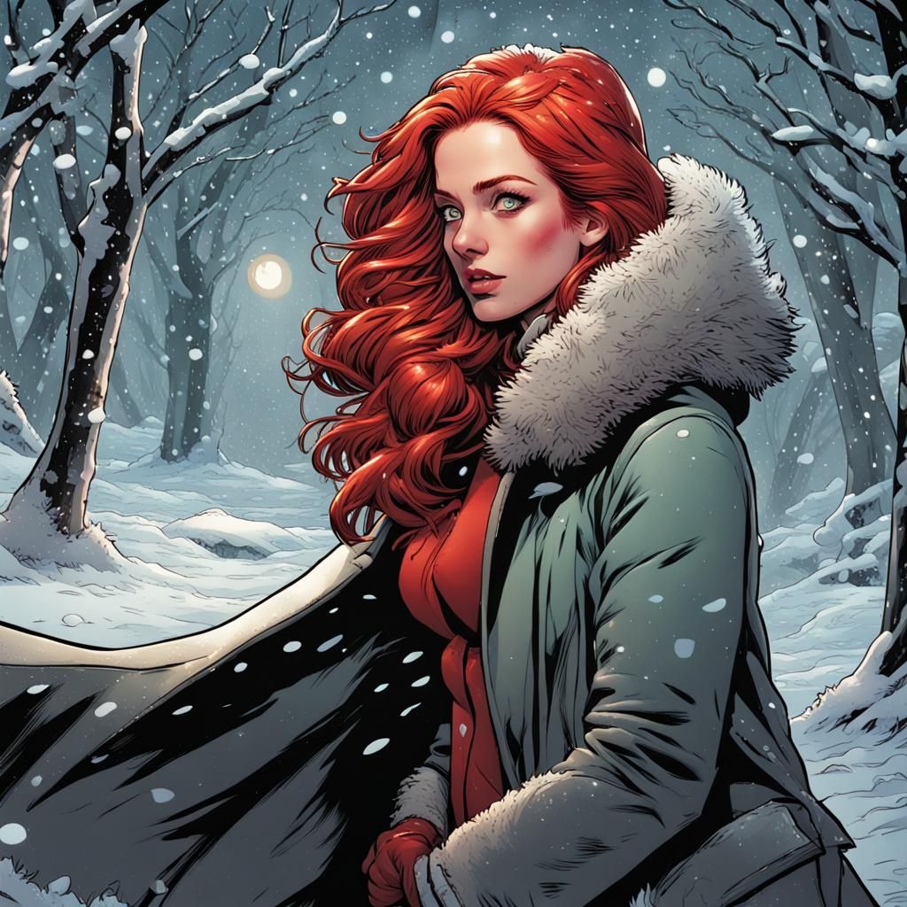 Red-Haired Woman in Winter Wonderland: Comic Book Art