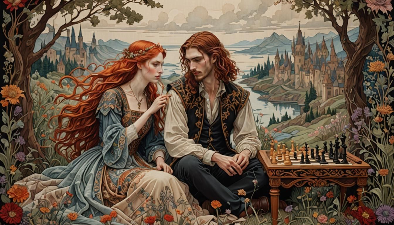 Tapestry of Chess Game in Alphonse Mucha Style