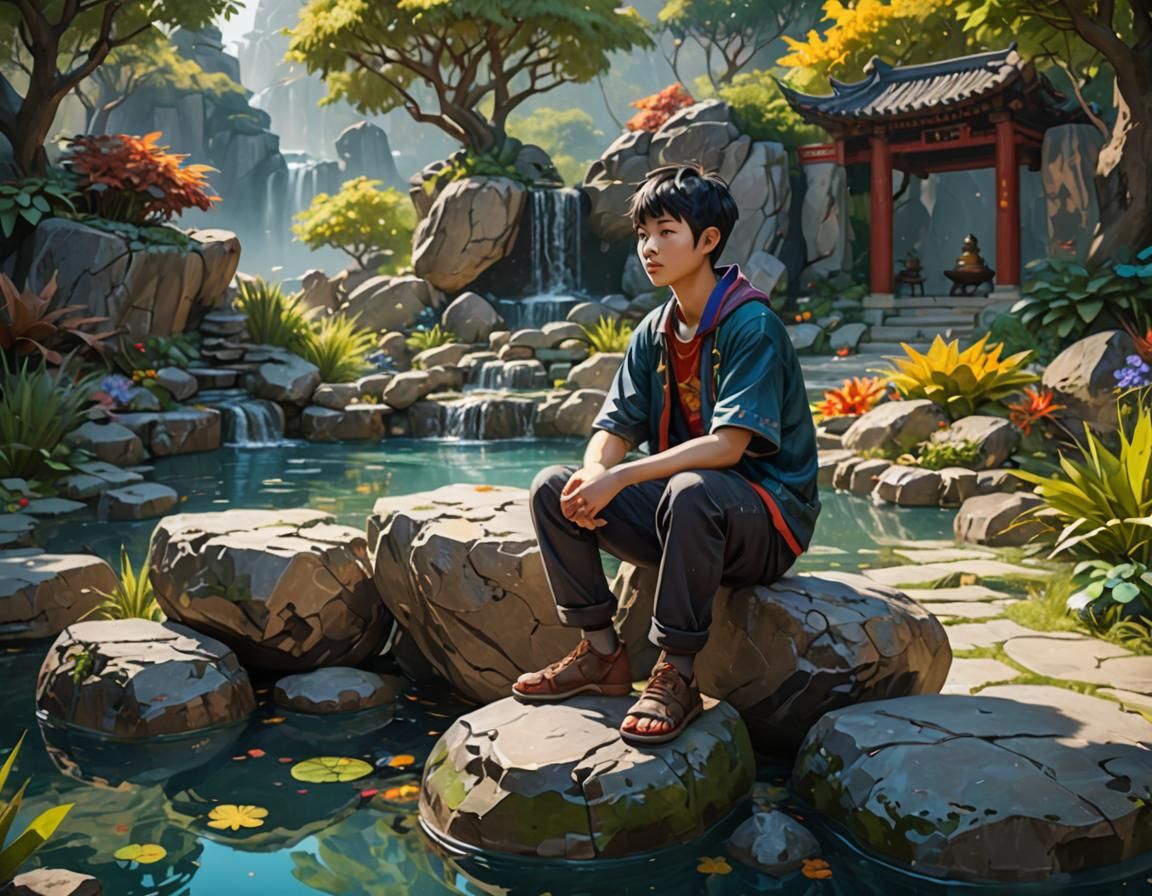 Contemplative Teen in a Sunny Garden, Fantasy Art