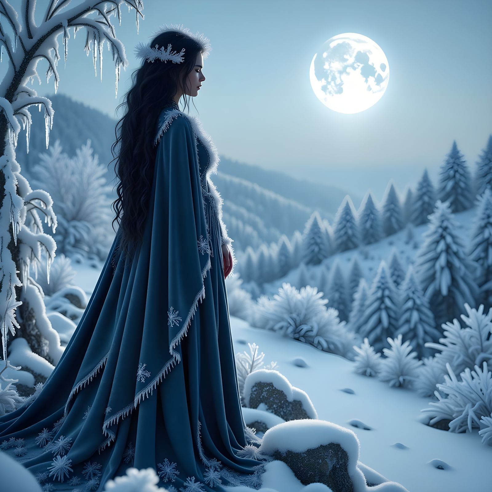 Hauntingly Beautiful Norse Goddess Under Frosty Moonlight