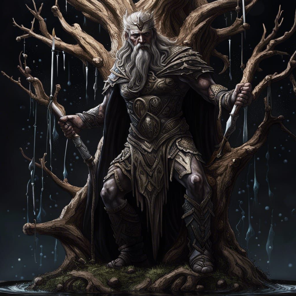 Odin on Yggdrasil: Hyperrealistic Norse Scene
