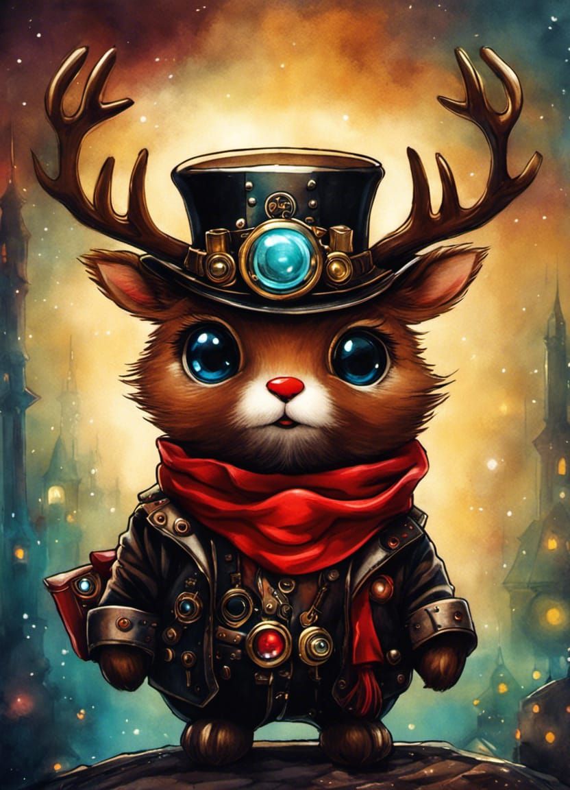 Steampunk Chibi Rudolph with Glowing Red Nose