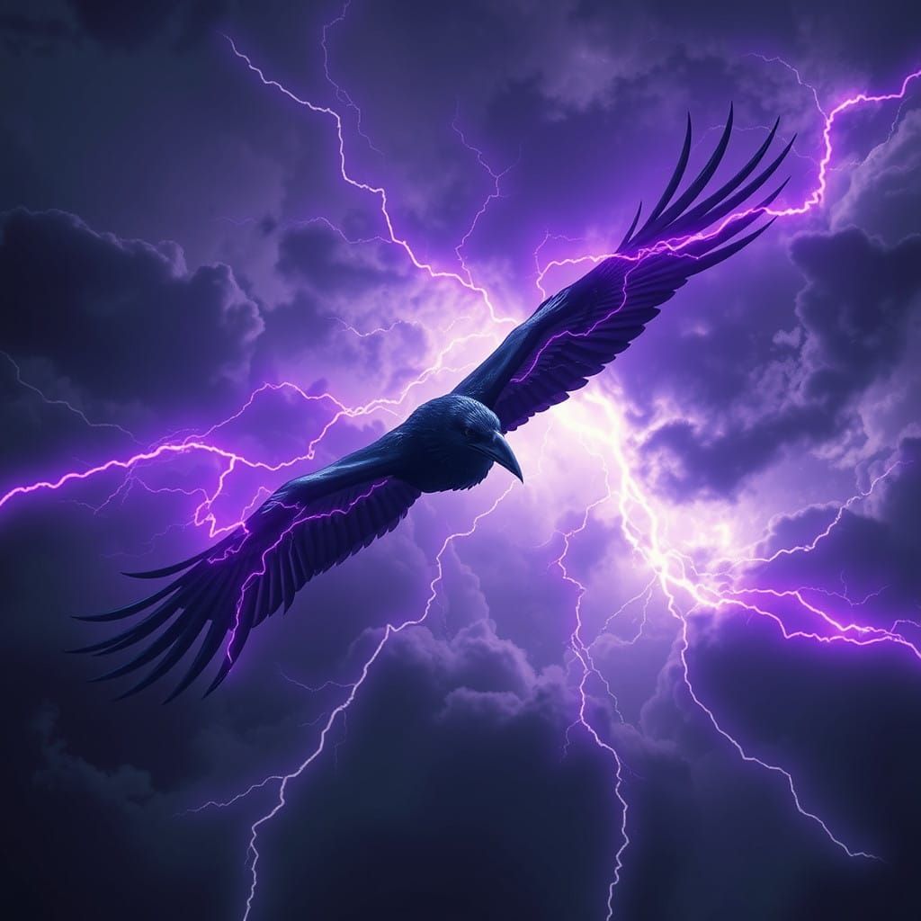 Majestic Raven Soars Through Stormy Skies with Electrifying....