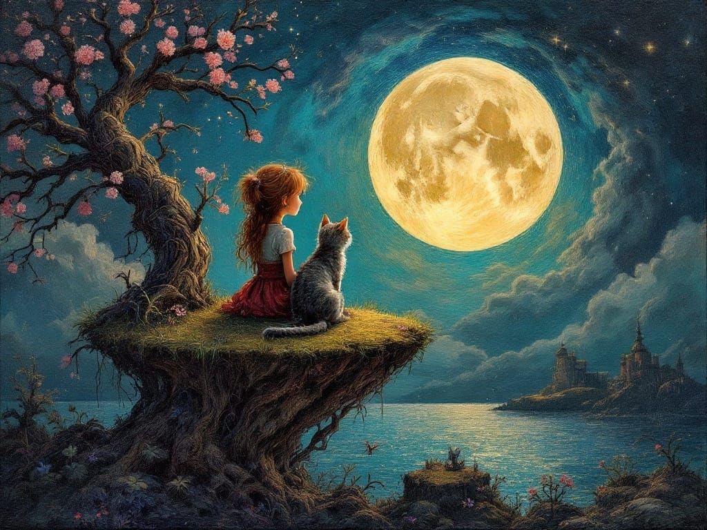 Dreamy Nighttime Scene of Girl and Cat on a Floating Island