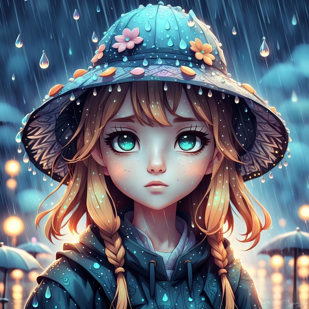 Girl in Rain: Whimsical Digital Anime Art