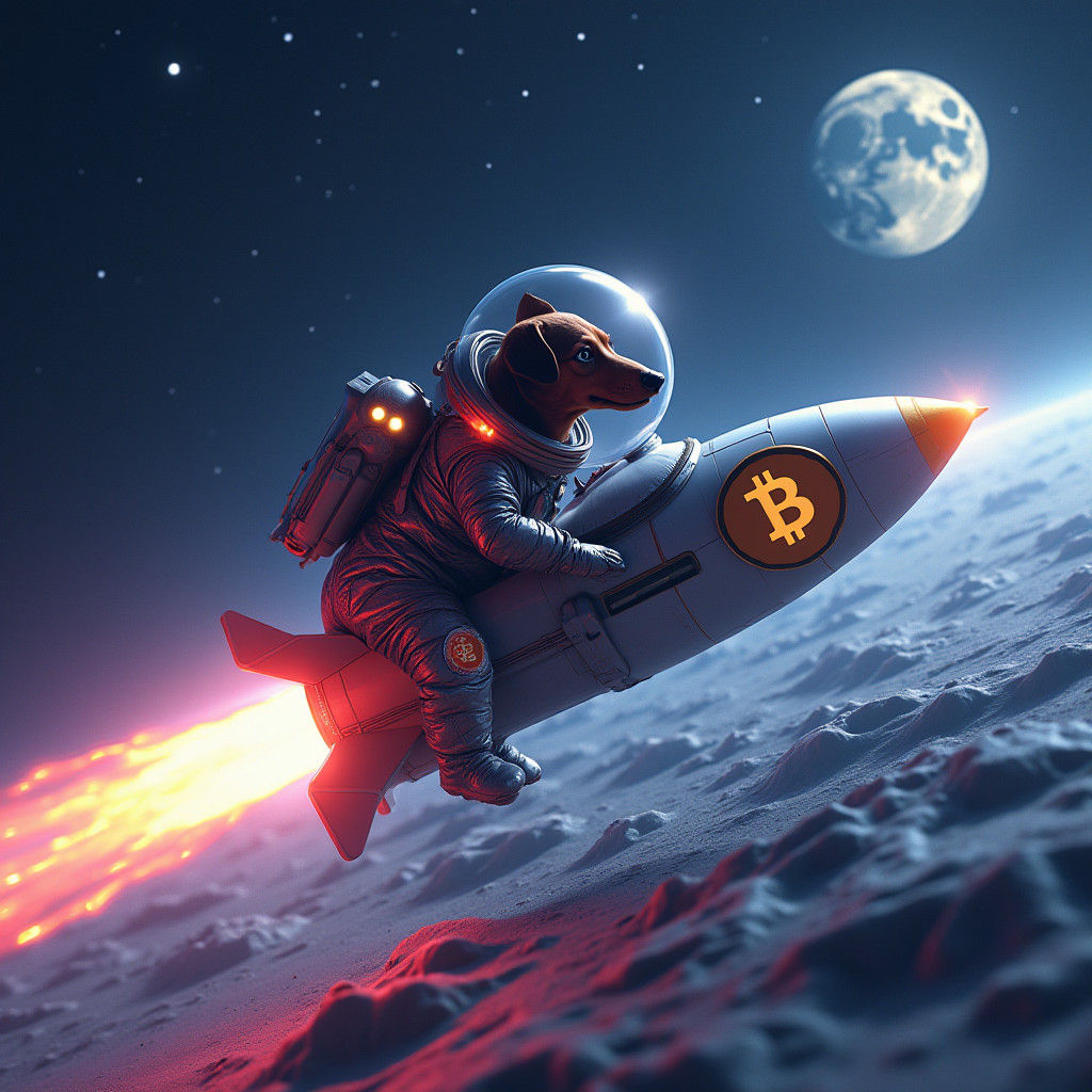 Dachshund in Spacesuit Piloting Bitcoin Rocket to Moon
