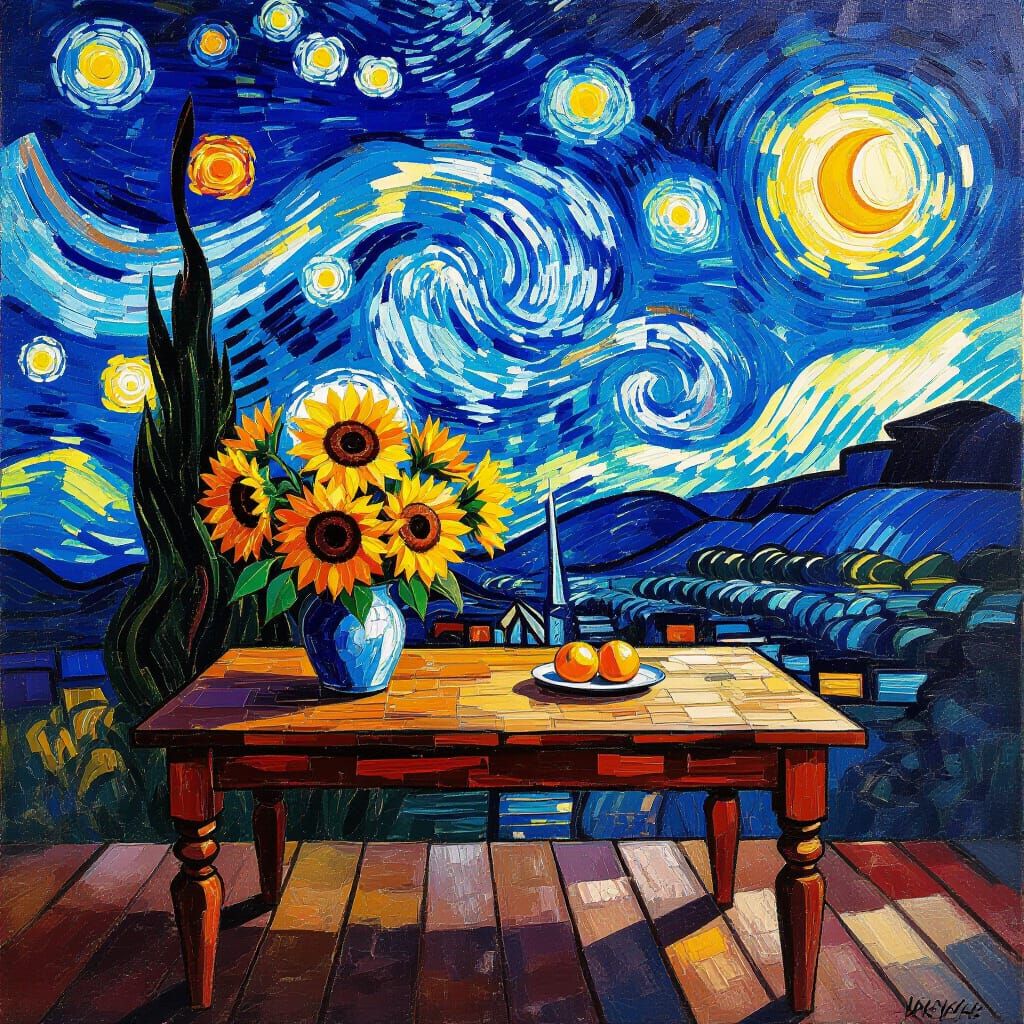 Sunflowers on Rustic Table in Starry Night Sky