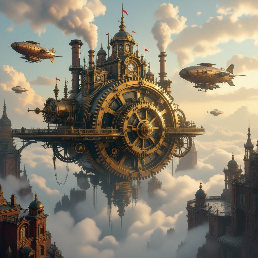 Steampunk City on Gears Above Clouds