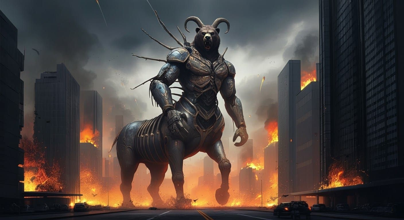Bio-Mechanical Centaur Tramples Burning City