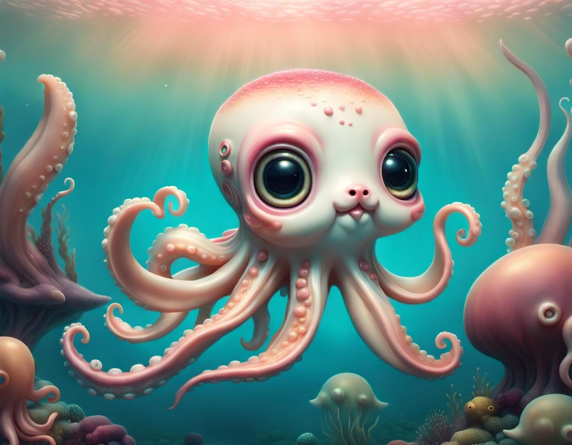 Cute Squid-Seal Hybrid in Fantasy Ocean