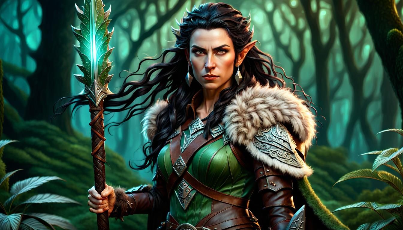 Fierce Elf Druid in a Night Forest