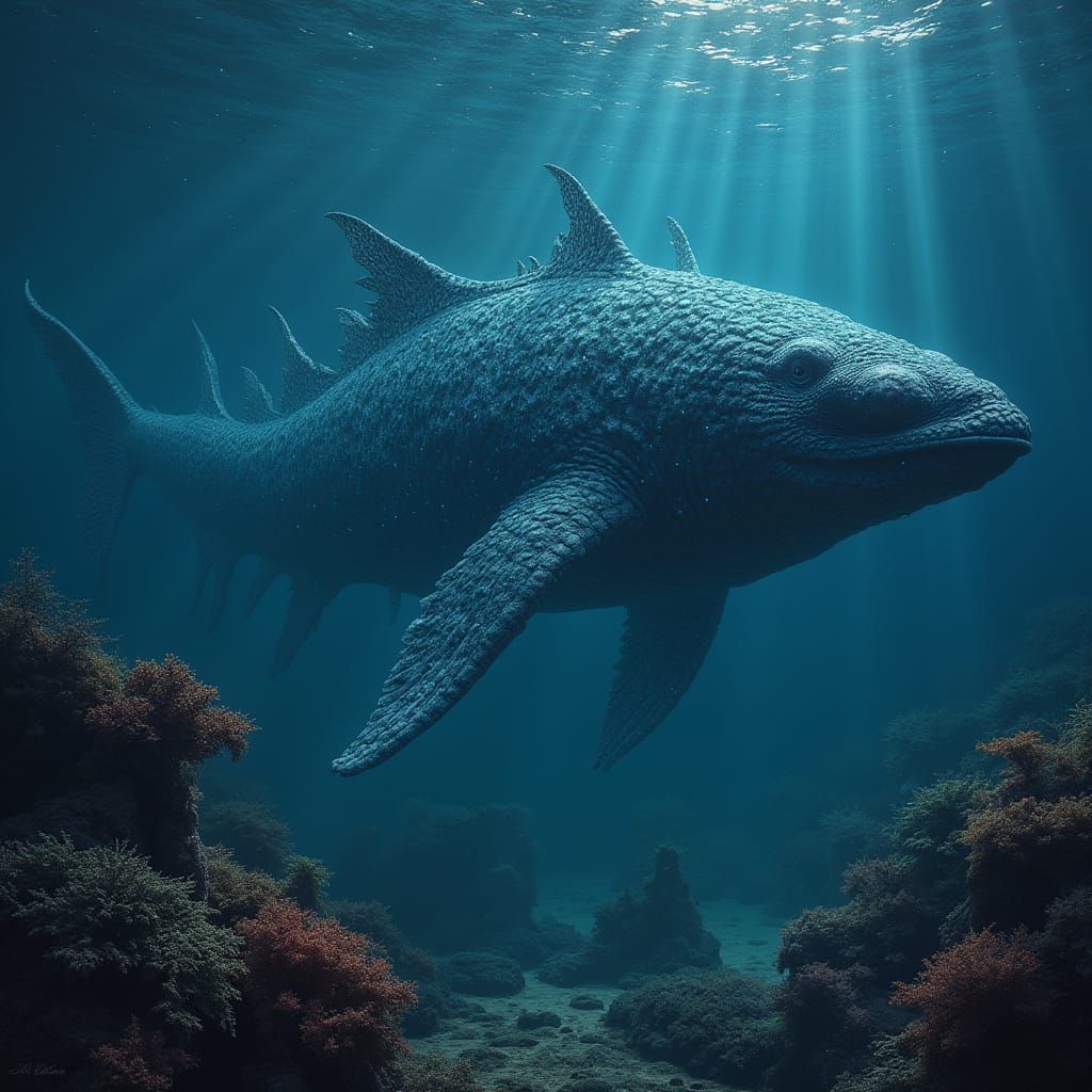 Bioluminescent Leviathan in Dark Waters, Hyperrealistic Deta...
