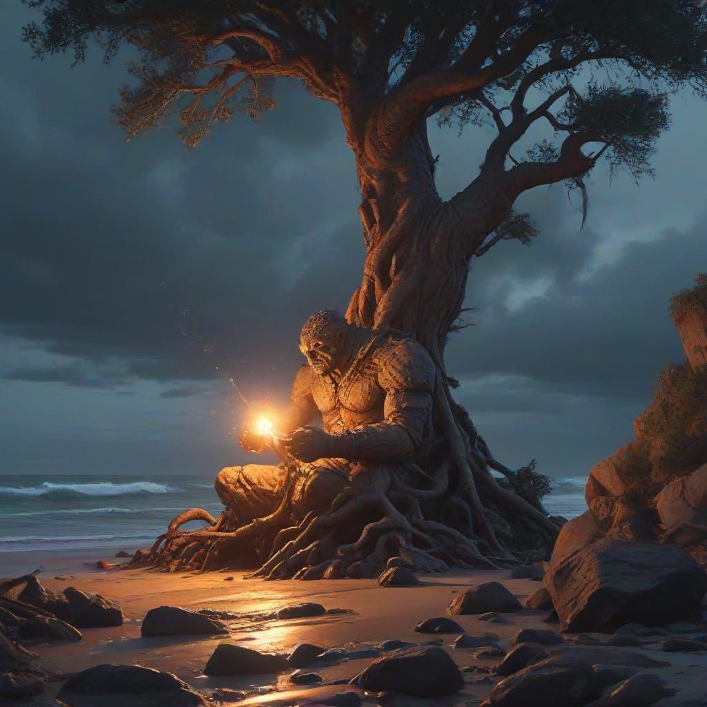 Stone Golem Contemplates the Stormy Sea by Fiery Light