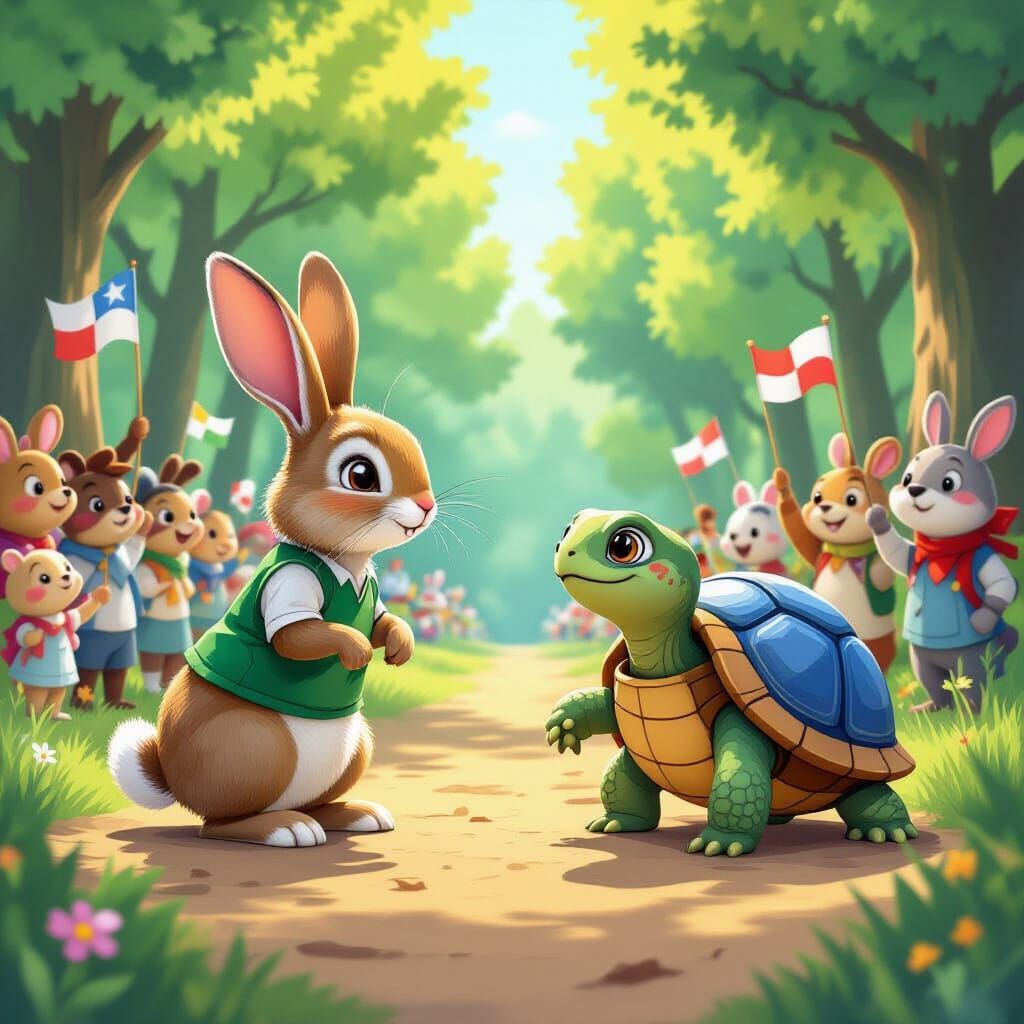 Rabbit and Tortoise Race in Storybook Illustration