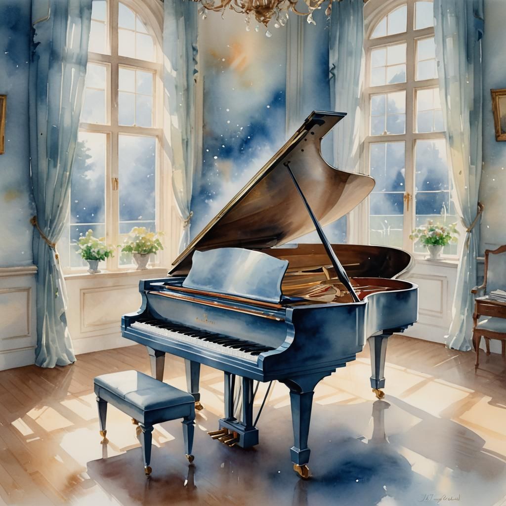 Grand Piano in Misty Room: Impressionist Watercolor