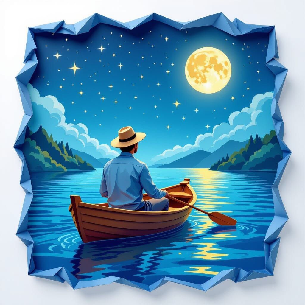 Man Sailing on Lake in Origami Papercraft Style