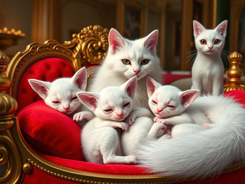 Fluffy Newborn Fox-Cats in Luxurious Bedroom