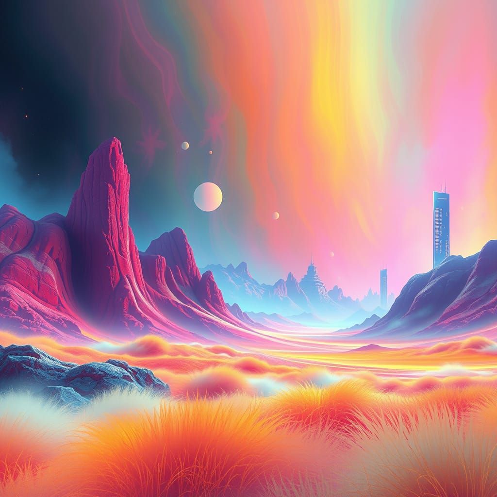 Fantastical Dreamlike Scene with Bold Colors and Soft Textur...
