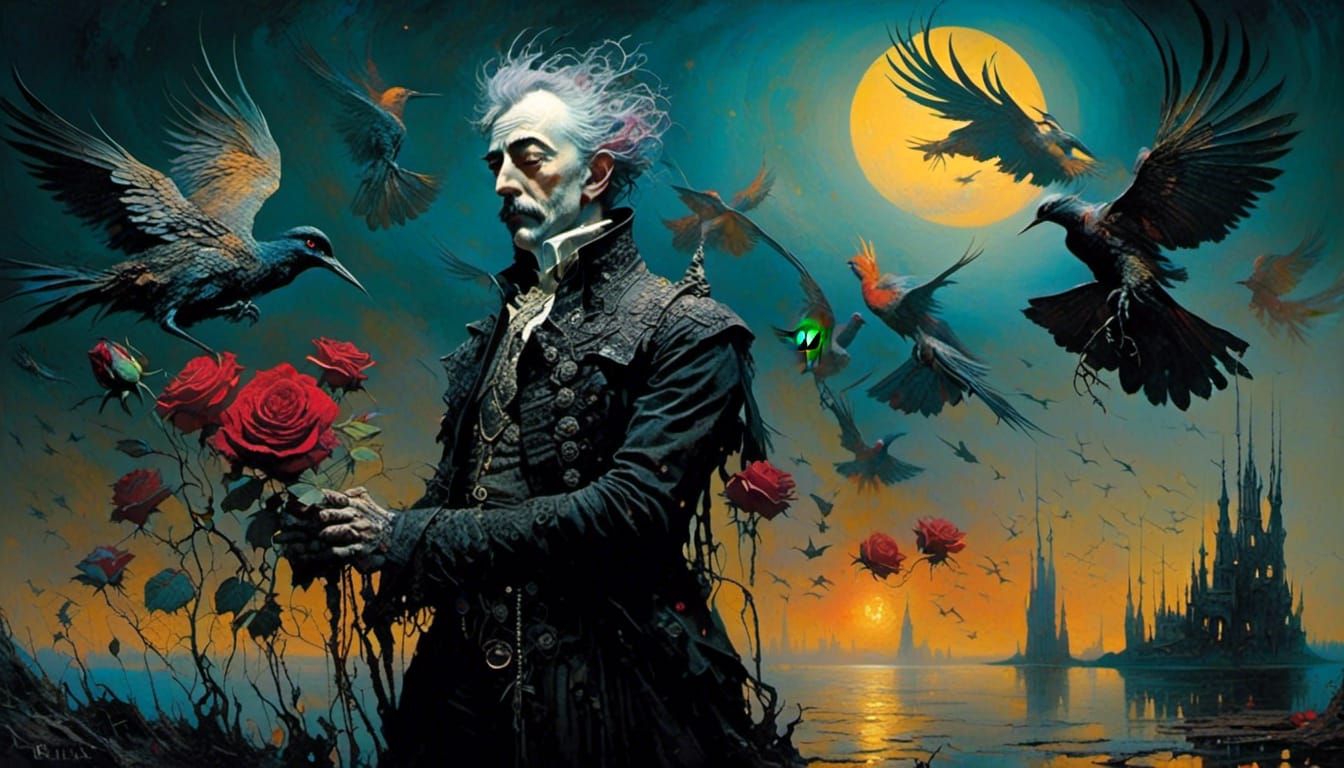 Romantic Lakeside Sunset Scene as Impasto Painting