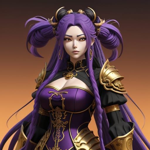 Anime Figure in Ornate Armor with Purple Dreadlocks