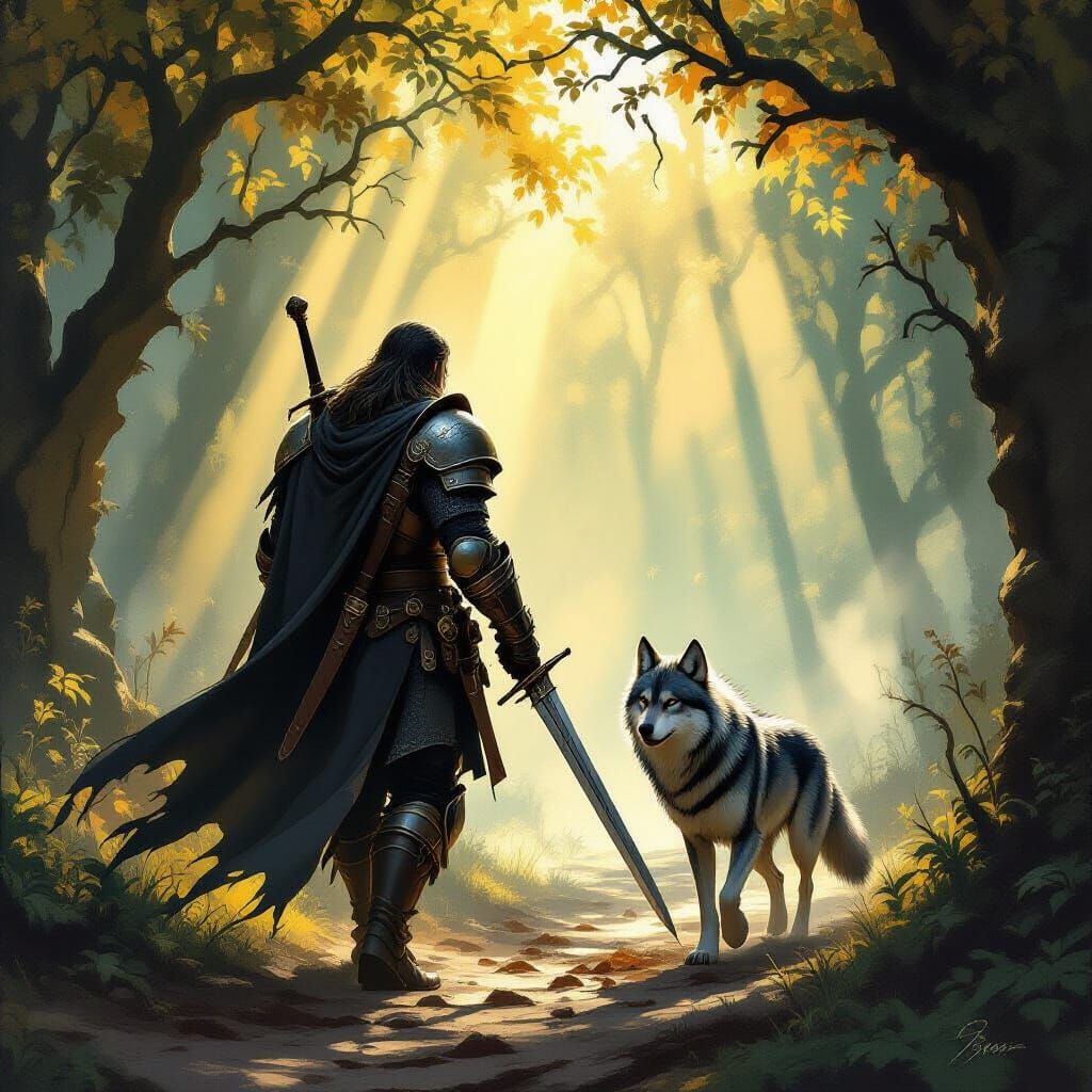 Knight and Wolf Explore Sun-Dappled Ancient Forest
