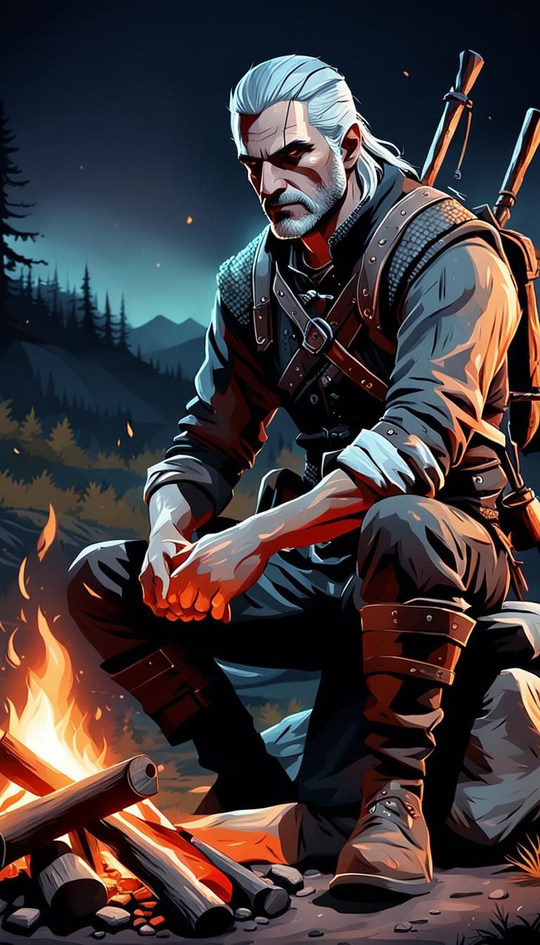 Geralt of Rivia by Campfire in Splash Art Style