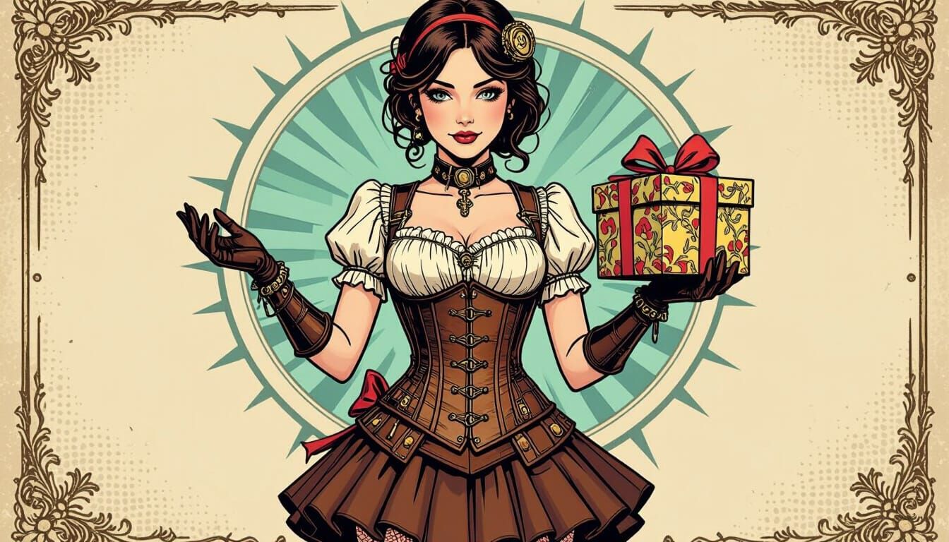 Steampunk Girl Holding Gift in Comic Book Style