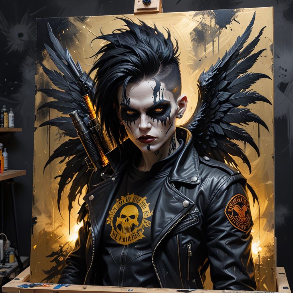 Gothic Punk Sniper on Harley, Grunge Painting