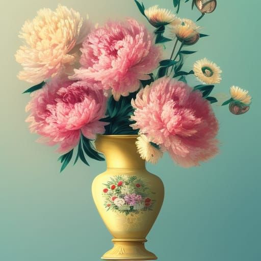 Floral Still Life in Aqua and Gold: Digital Art
