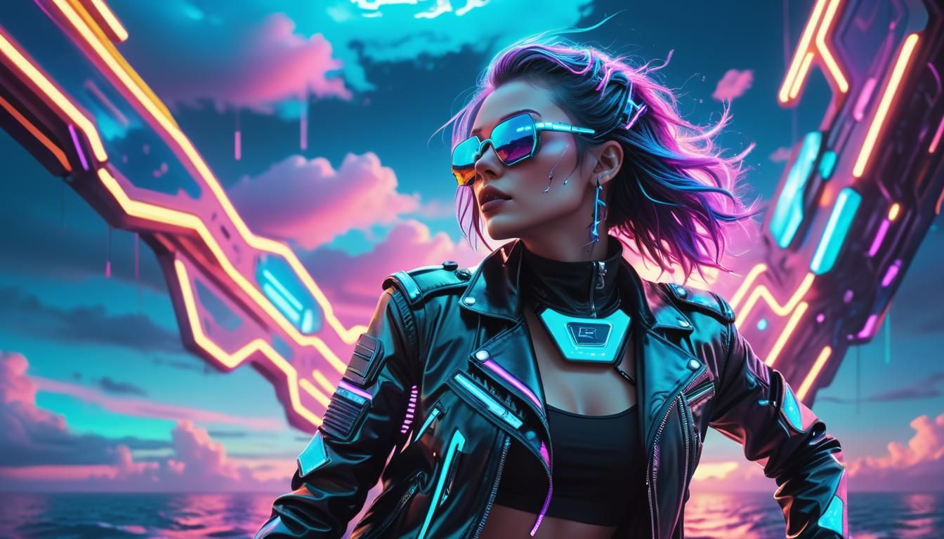 Cyberpunk Girl Flies in Synthwave Neon Seascape