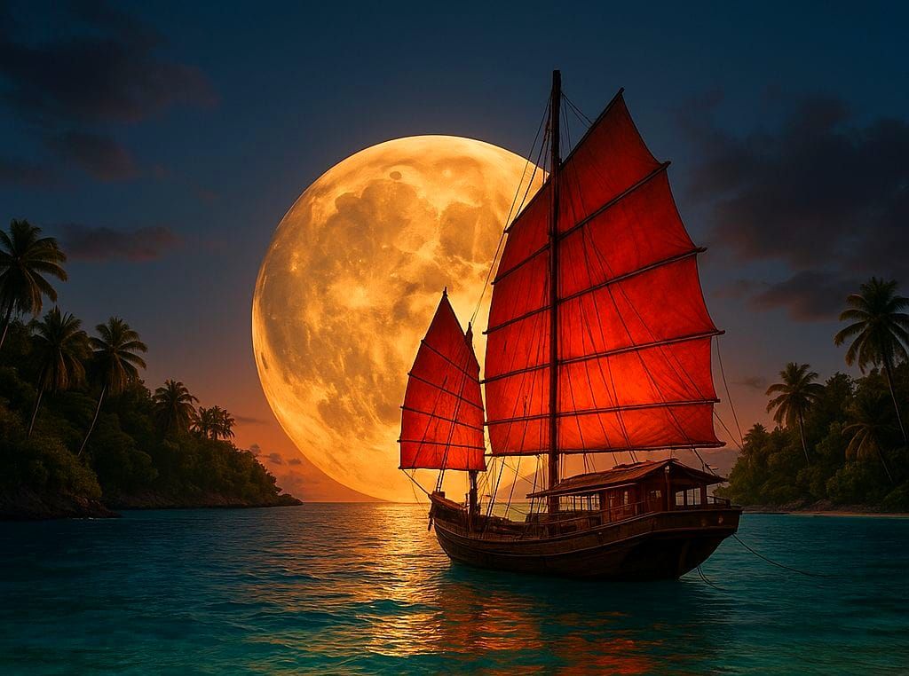 Photorealistic Junk Boat at Tropical Atoll