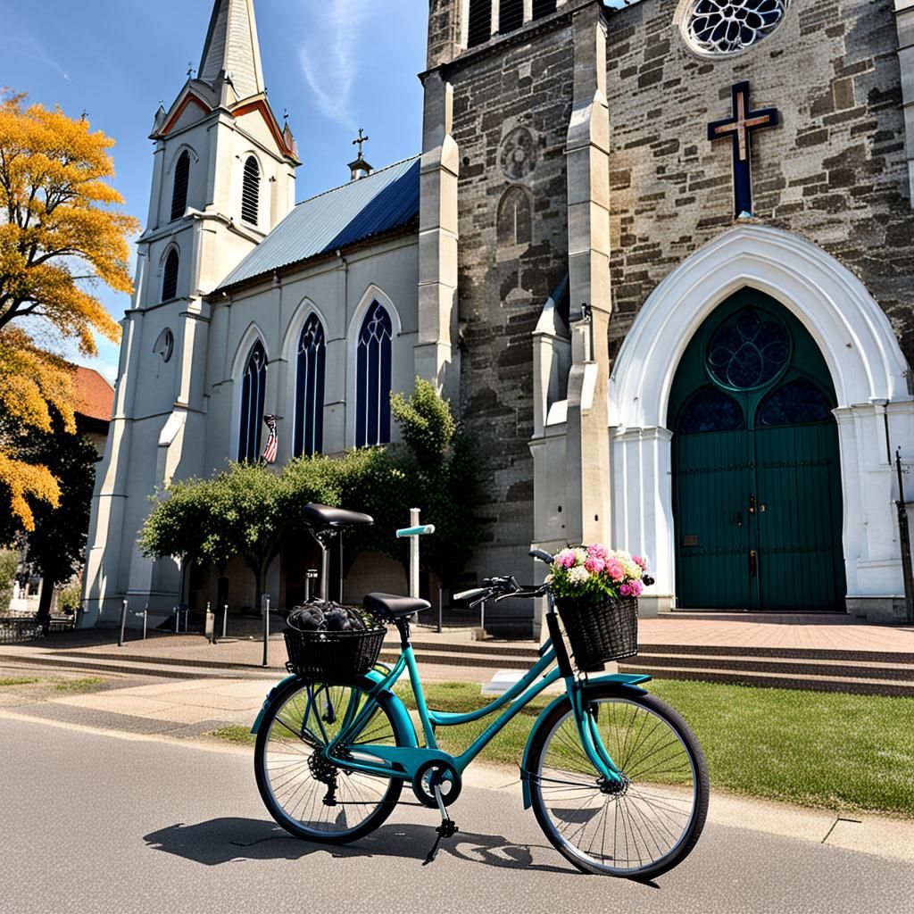 Bicycle Parked in Front of Church