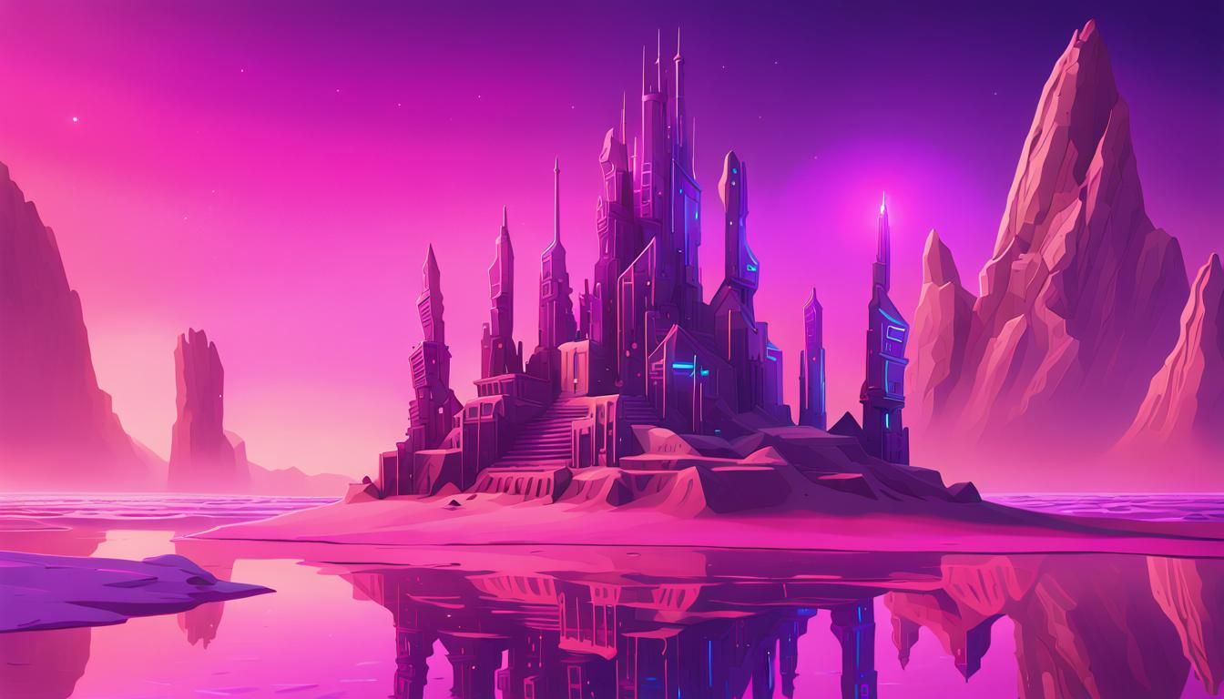 Neon Cyberpunk Sandcastle on Mirrored Beach at Twilight