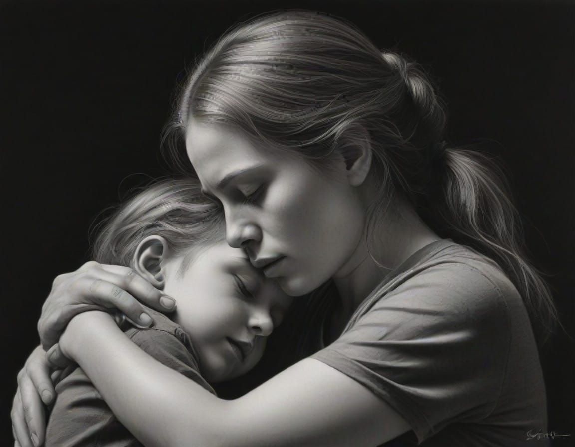 A Mother's Tender Embrace in Hyperdetailed Charcoal
