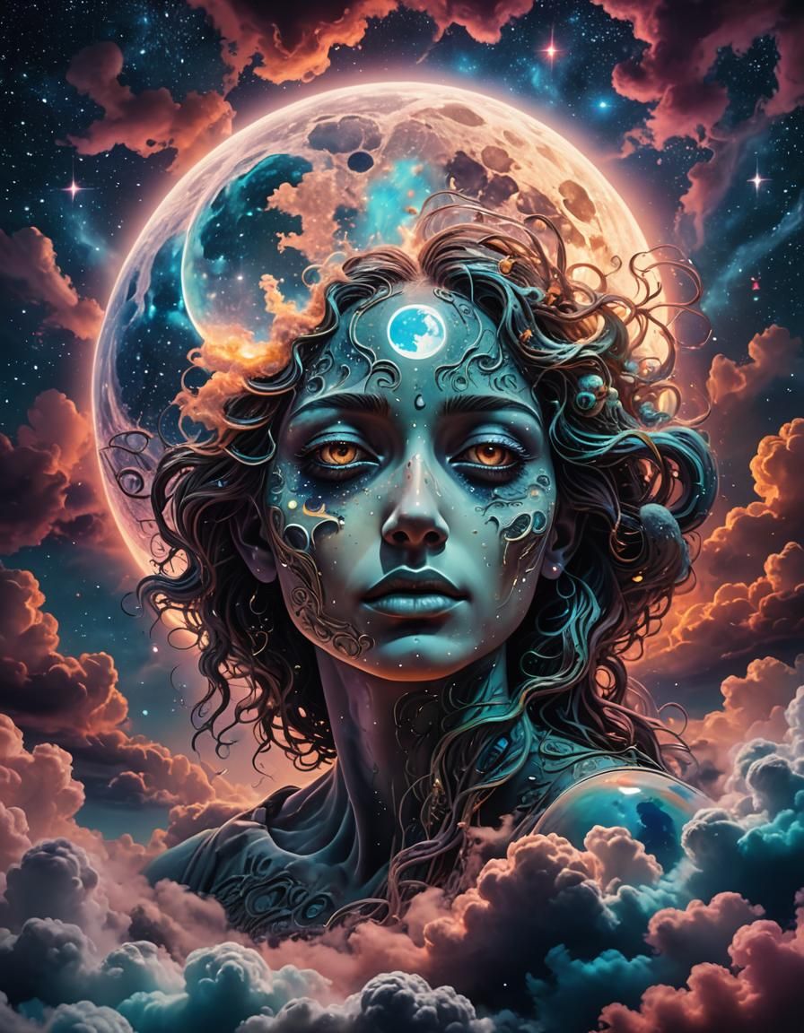 Psychedelic Crying Moon in Starry Dreamscape