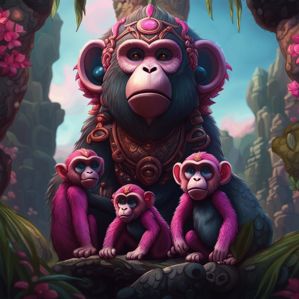 Pink Monkey Family Totem in Detailed Digital Art