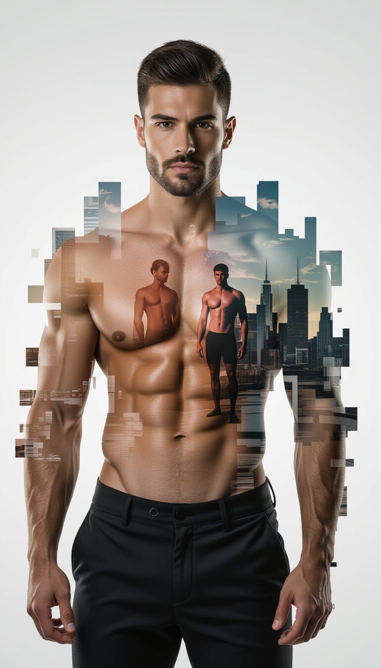Surreal Urban Hellscape with Muscled Man Silhouette